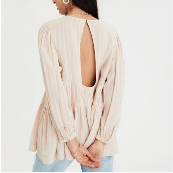 American Eagle Babydoll Peasant Tunic Top Boho Hippie Blouse Cut Out Open Back M - Picture 14 of 15